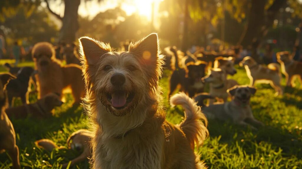 a playful puppy exuberantly interacts with a diverse group of calm, friendly dogs in a sunlit park, surrounded by vibrant greenery, showcasing the importance of early socialization for new pet owners.