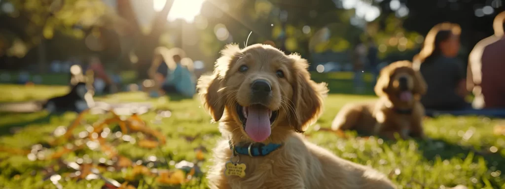 a cheerful golden retriever puppy confidently explores a vibrant park, surrounded by friendly dogs and engaged owners, capturing the essence of positive socialization and new experiences.