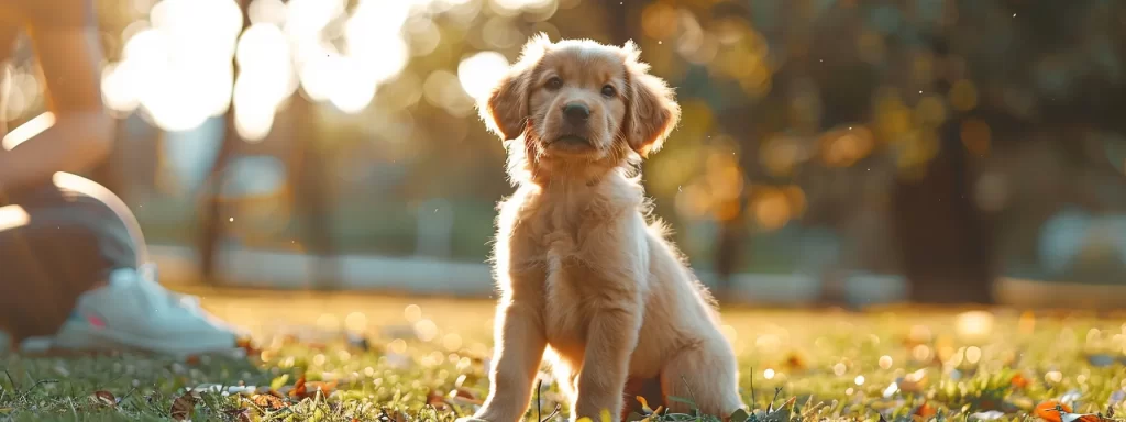 a focused puppy eagerly engages in training with its attentive owner at a sunny park, surrounded by vibrant greenery, capturing the essence of clear objectives in puppy training sessions.