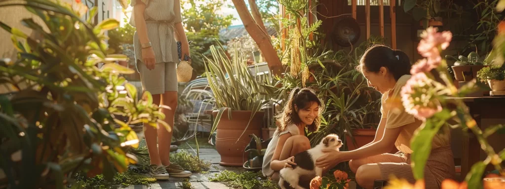 a heartwarming family gathering on a sunny day, joyfully playing with a playful puppy in a lush garden, capturing the essence of creating lifelong memories together.