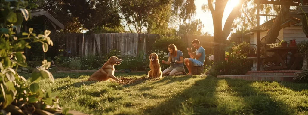 a heartwarming scene captures a family of four actively engaging in puppy training in a sunlit backyard, with a playful golden retriever excitedly responding to their commands, showcasing teamwork and unity.