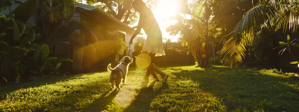 a heartwarming scene captures a family joyfully engaging with a playful puppy in a sunlit backyard, demonstrating positive reinforcement training techniques while surrounded by vibrant greenery.