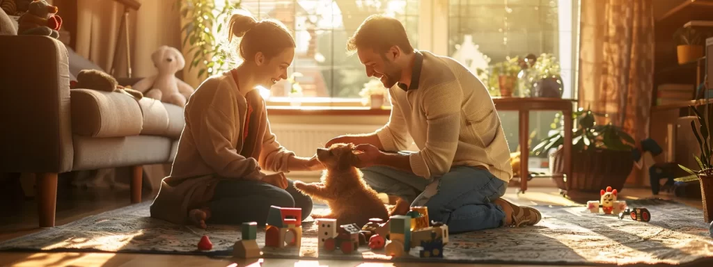 a heartwarming scene captures a family joyfully engaging with a playful puppy in a sunlit living room, surrounded by toys and cozy furniture, highlighting the challenges and joys of puppy ownership.