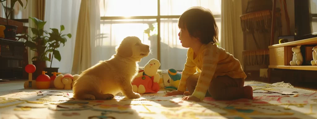 a joyful child kneels beside an adorable, golden retriever puppy in a sunlit living room, surrounded by toys and cozy blankets, embodying the warmth and companionship of new beginnings.