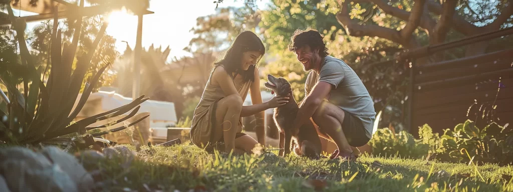 a joyful family gathers in a sunlit backyard, playfully interacting with their lively puppy, capturing the essence of love, teamwork, and shared responsibilities in their expressions and surroundings.