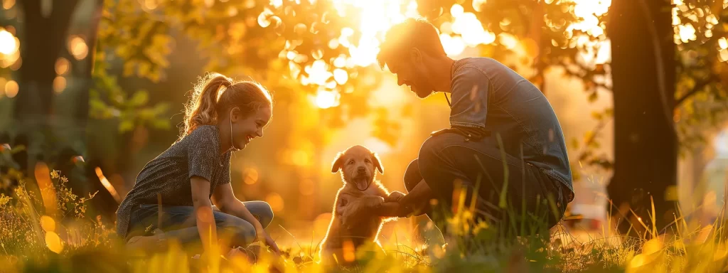 a joyful family plays with a playful puppy in a sunlit park, radiating warmth and togetherness, highlighting the health benefits and happiness that pet ownership brings.