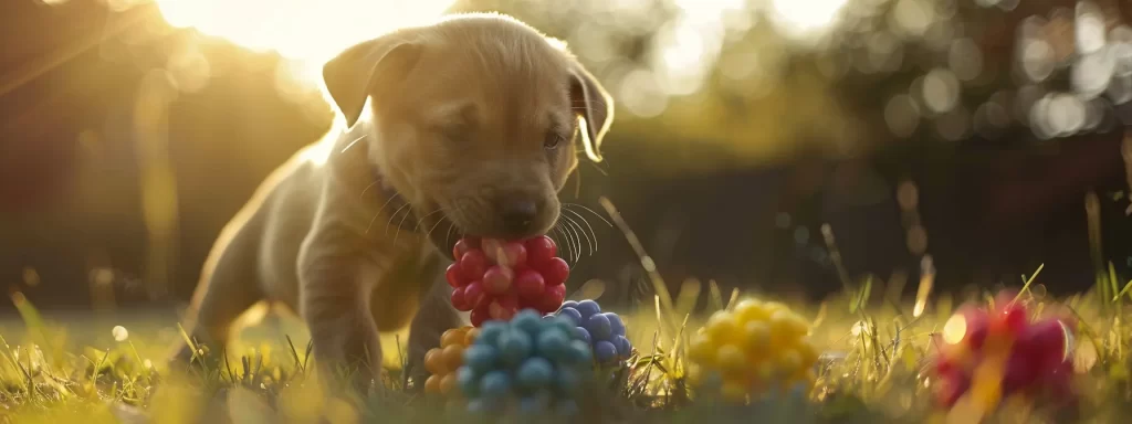a joyful puppy eagerly interacts with a vibrant, colorful toy in a sunlit park during a lively training session, embodying the perfect blend of play and learning.