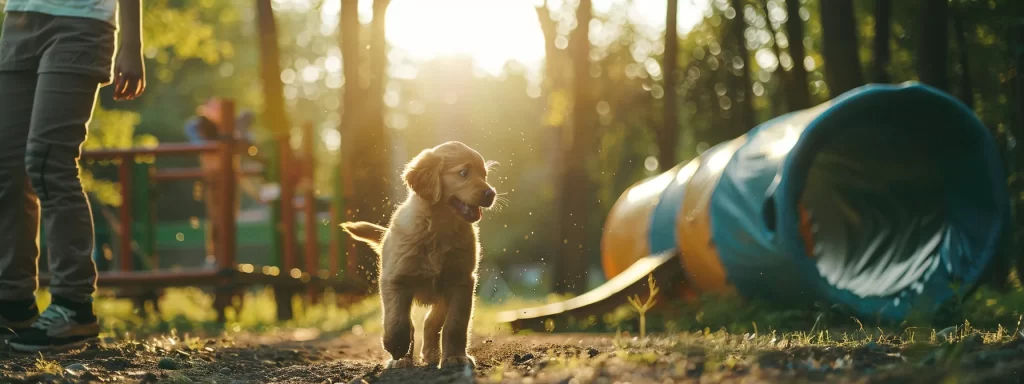 a playful puppy eagerly navigates an outdoor obstacle course, with a joyous trainer encouraging it, beautifully illuminated by soft, natural sunlight filtering through the trees.