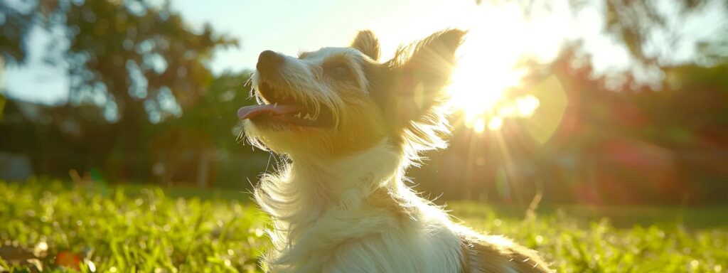 a playful puppy eagerly responds to its owner’s command in a sunlit park, capturing the joy of training with vibrant greenery and a clear blue sky in the background.