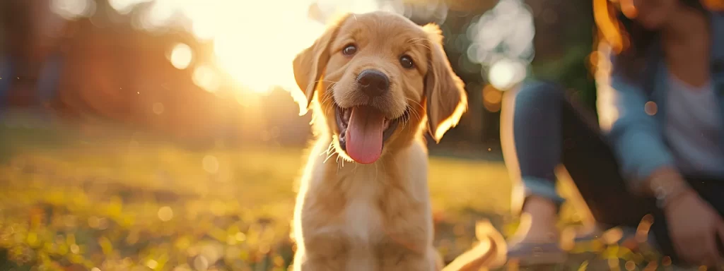 a playful puppy explores its surroundings, embodying the vibrant energy of early development, with soft sunlight filtering through trees, casting a warm glow on its curious face as it interacts with a smiling owner in an inviting backyard.