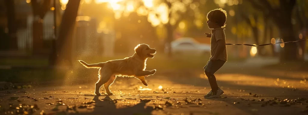 a playful puppy exuberantly engages in a game of chase with a cheerful child in a sunlit park, capturing the essence of joyful interaction and healthy social development.