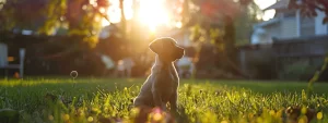 a serene, sunlit backyard showcases a playful puppy joyfully learning to sit on a vibrant green lawn, with a patient owner nearby, embodying the essence of successful puppy parenting.