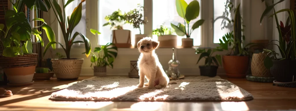 a serene training session unfolds in a tranquil, softly-lit room, where a focused puppy sits on a plush mat, surrounded by calming plants and gentle, encouraging trainers.