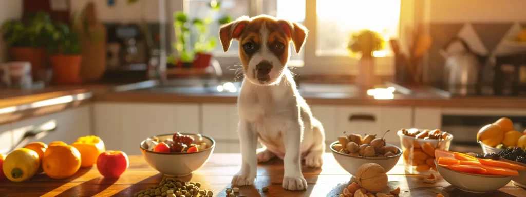 a vibrant scene capturing a playful puppy surrounded by bowls of nutritious food in a sunlit kitchen, symbolizing the importance of a balanced diet for healthy growth.