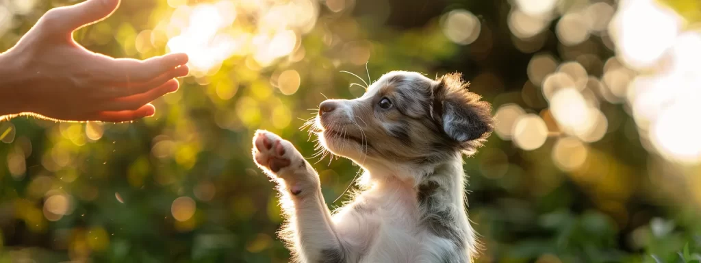 a joyful puppy eagerly responds to a trainer's praise and clicker, surrounded by vibrant, sunlit greenery, capturing the essence of positive reinforcement in a warm, engaging training moment.