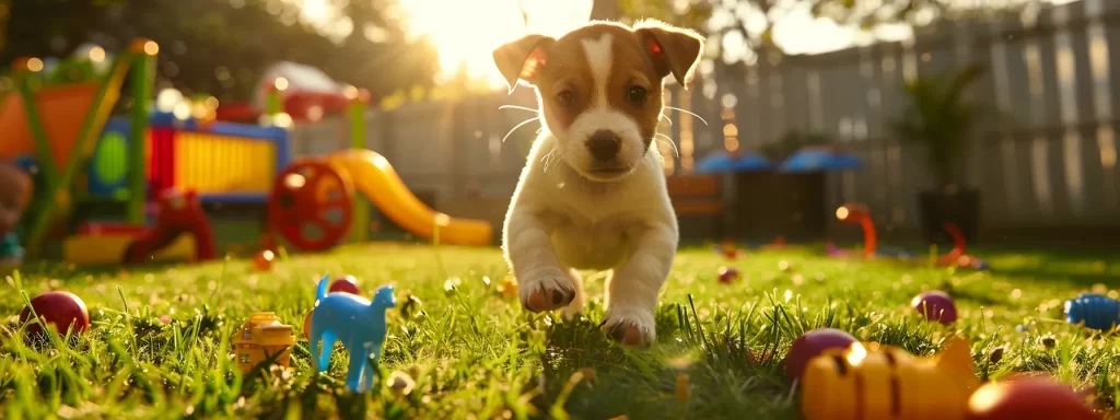 a playful puppy romps joyfully in a lush green backyard, surrounded by vibrant toys and interactive games, with a warm sunlight pouring in, creating an inviting atmosphere that encourages exploration and development.