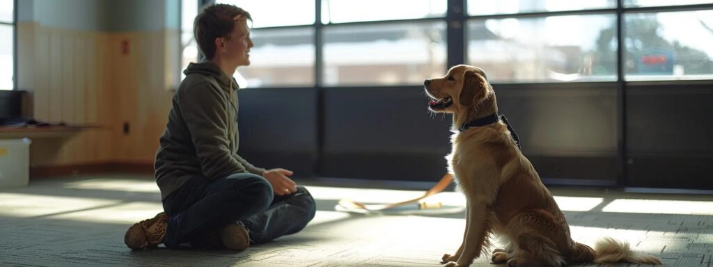 a cozy, well-lit training room showcases a joyful interaction between a dog and its owner, highlighting the transformative bond created through reward-based training as the owner smiles while offering a treat to their attentive, eager dog.