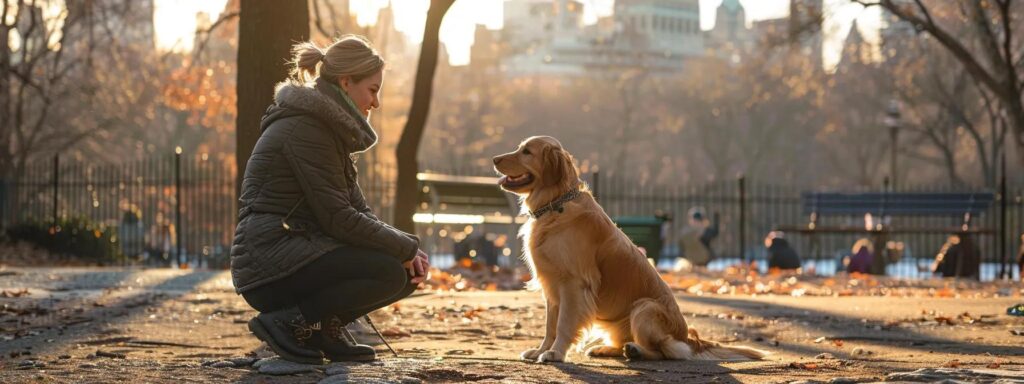 a focused dog trainer is conducting a personalized training session with a golden retriever in a bustling new york city park, utilizing positive reinforcement techniques amidst the urban backdrop, highlighting the tailored approach to addressing specific behavioral challenges.