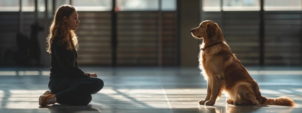 a focused dog trainer kneels beside a attentive golden retriever in a modern indoor training facility, using positive reinforcement techniques in a well-lit, organized space designed for personalized one-on-one sessions.