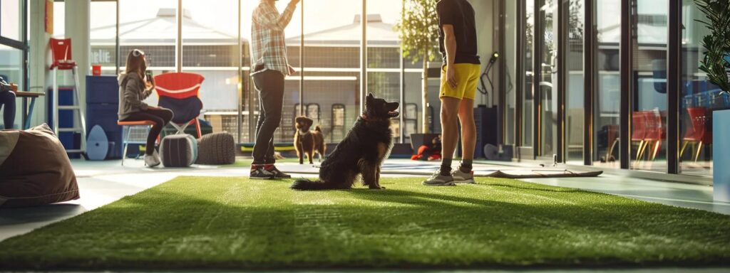 a focused dog training session takes place in a modern urban training facility, featuring two expert trainers actively engaging with a well-groomed dog using positive reinforcement techniques, surrounded by specialized training equipment and clear instructional materials.