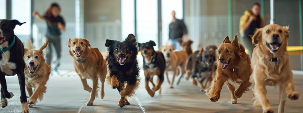 a focused indoor dog training session showcases a diverse group of dogs eagerly responding to their trainers' rewarding cues, with vibrant expressions captured in a modern training facility equipped with specialized equipment.