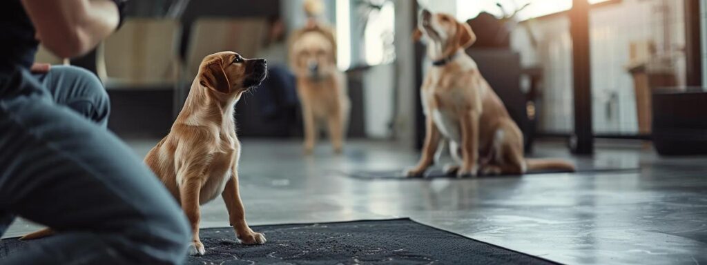 a focused indoor training session features a professional dog trainer interacting with two attentive, photorealistic dogs in a modern, minimalist training space, highlighting the bond and engagement between them.