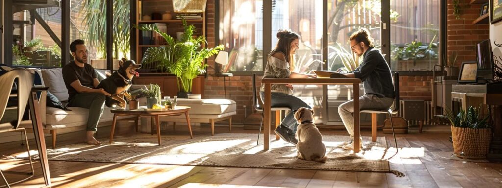 a focused training session in a well-lit urban living room showcases two motivated dogs practicing commands with their attentive owners, emphasizing the importance of ongoing reinforcement and community-driven support in maintaining training progress.