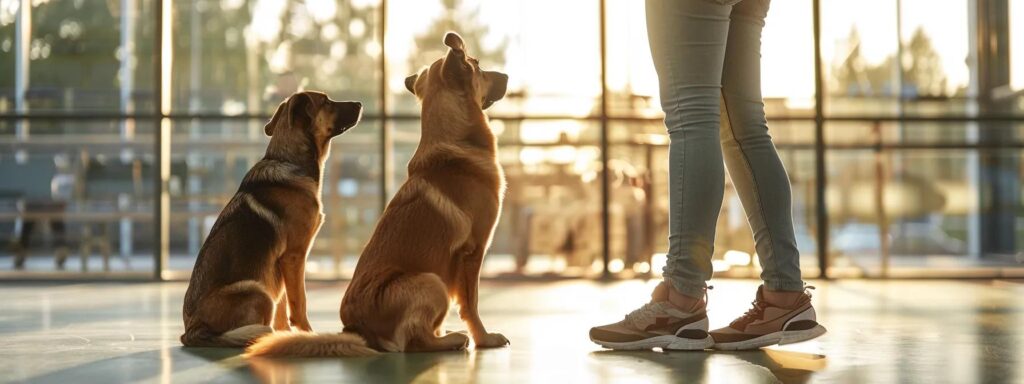 a focused training session takes place in a modern, well-lit training facility where a dog enthusiast rewards two attentive dogs with treats, showcasing the positive reinforcement technique in action.