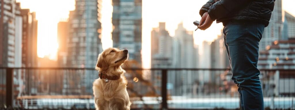 a focused urban training session captures a skilled dog trainer engaging with a well-groomed dog amidst a modern city backdrop, illustrating advanced reward-based techniques with a clicker in hand and an aura of concentration and precision.