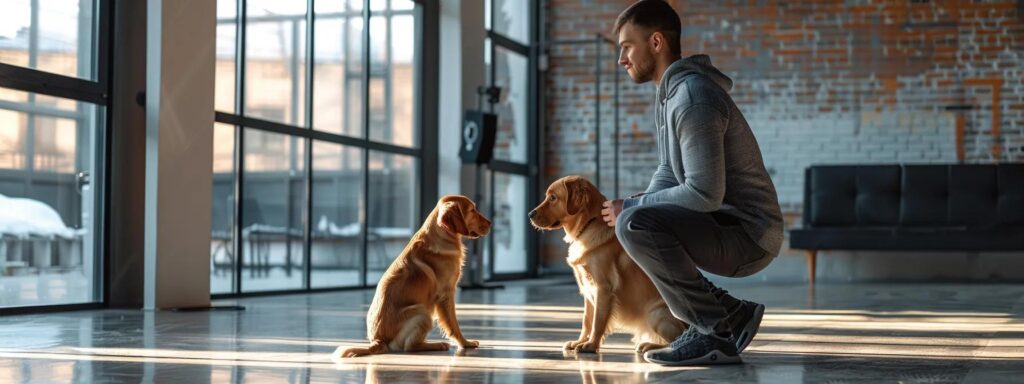 a focused urban training session features a professional dog trainer engaging with a well-behaved dog in a sleek, modern indoor facility, highlighting the transformation of canine behavior and owner satisfaction through personalized instruction.