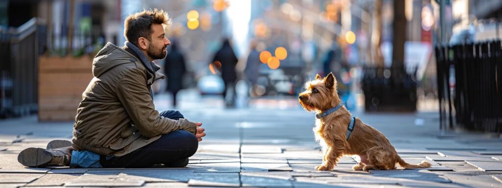a professional dog trainer sits attentively on a city sidewalk, utilizing positive reinforcement techniques, as a well-groomed terrier responds eagerly while surrounded by urban architecture, showcasing the essence of personalized dog training in an engaging urban environment.