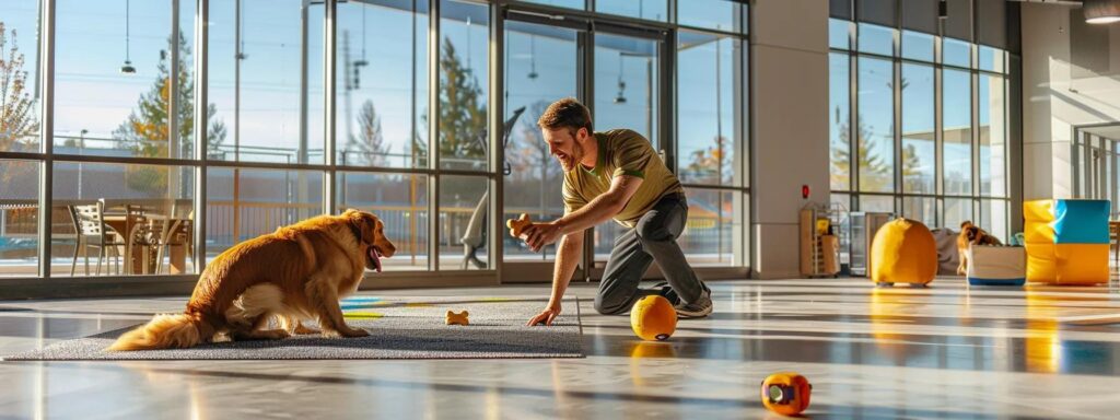 a vibrant training session unfolds in a modern indoor training facility, showcasing a focused trainer enthusiastically rewarding a motivated golden retriever with a chew toy, while a curious beagle observes, embodying the essence of positive reinforcement in dog training.