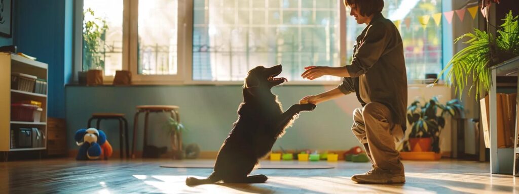 in a modern, well-lit training studio, a focused dog trainer enthusiastically rewards a joyful, well-behaved dog with a treat, illustrating the positive reinforcement approach to dog training amidst a backdrop of motivational training tools and a vibrant, engaging atmosphere.